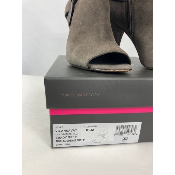 Vince Camuto Annavay Peep Toe Bootie Suede Cut Out Ankle Boot Shady Grey 8.5M - Picture 3 of 7